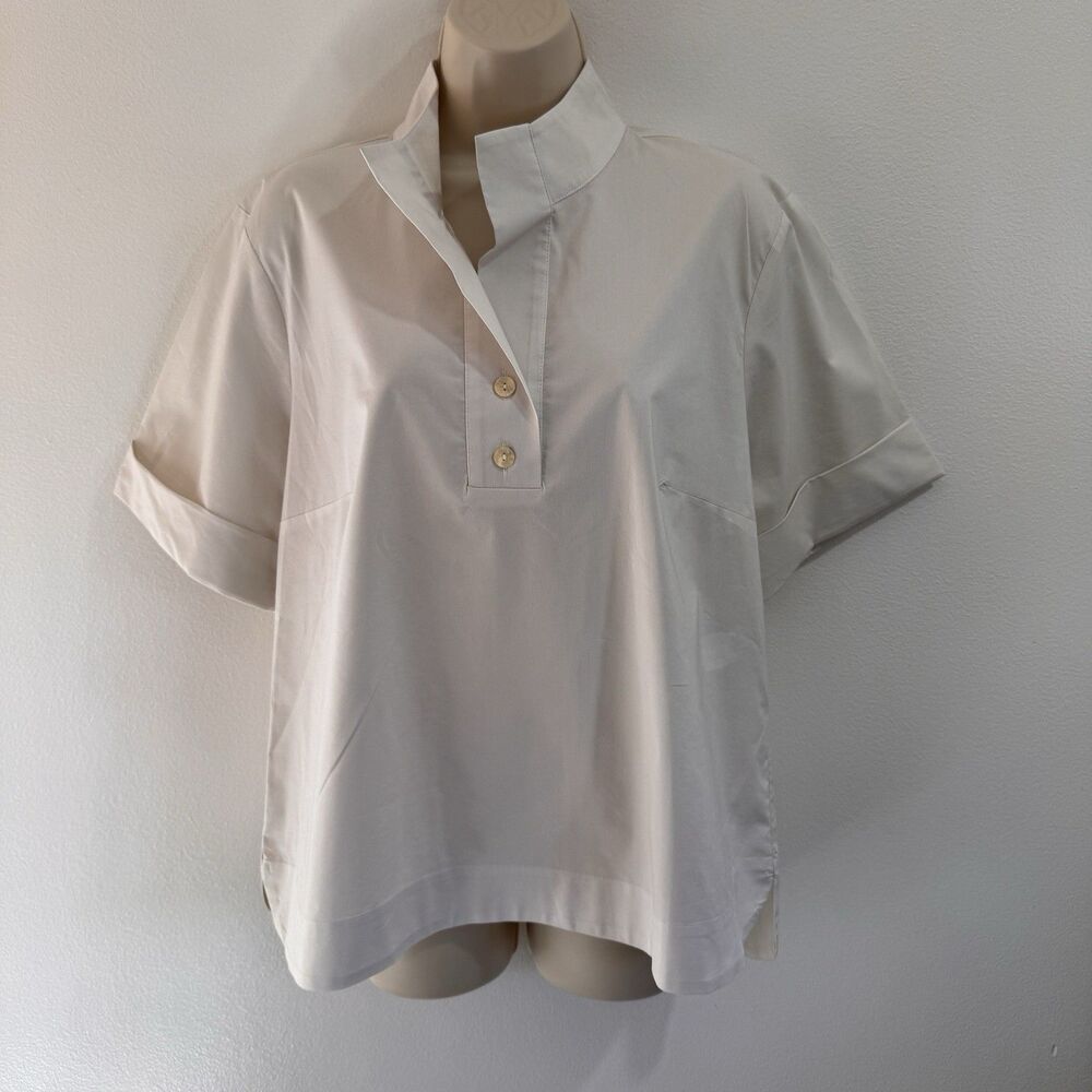 Hinson Wu Shirt Blouse 12 Beige Tan Short Sleeve Cuffed Buttons Minimalist Chic